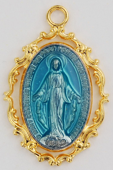 Blue Miraculous Medal - 1"L with 18" Chain - Gold Over Sterling Silver