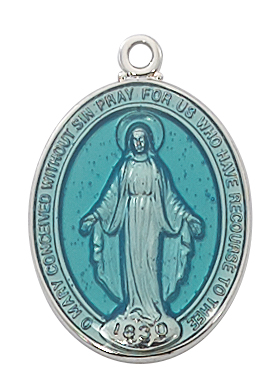 Sterling Miraculous Medal Necklace With blue enamel on 18 Inch rhodium ...