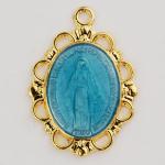 Gold over Sterling Miraculous Medal Necklace With blue epoxy on 18 in rhodium plated brass chain boxed.