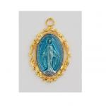 Gold over Sterling Miraculous Medal Necklace With blue epoxy on 18 in rhodium plated brass chain boxed.