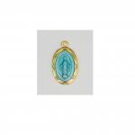 Gold over Sterling Miraculous Medal Necklace With blue epoxy on 16 in rhodium plated brass chain boxed.