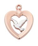 Rose gold over sterling two-tone dove in heart Medal Necklace With 18 in rhodium plated brass chain boxed