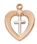 Rose gold over sterling two-tone Cross Necklace in heart Medal Necklace With 18 in rhodium plated brass chain boxed