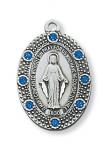 Sterling Silver Miraculous Medal Necklace With Blue Glass Stones and 18 in Rhodium Plated Brass Chain and Deluxe Gift Box