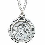 Sterling Silver St. Maximilian Kolbe Medal Necklace With 20 Inch Rhodium Plated Brass Chain and Deluxe Gift Box