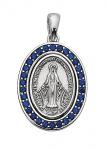 Sterling Silver Miraculous Medal Necklace With Blue Glass Stones and 18 in Rhodium Plated Brass Chain and Deluxe Gift Box