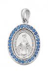 Sterling Silver Miraculous Medal Necklace With Blue Glass Stones and 18 in Rhodium Plated Brass Chain and Deluxe Gift Box