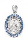 Sterling Silver Miraculous Medal Necklace With Blue Glass Stones and 18 in Rhodium Plated Brass Chain and Deluxe Gift Box