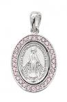 Sterling Silver Miraculous Medal Necklace With Pink Glass Stones and 18 in Rhodium Plated Brass Chain and Deluxe Gift Box