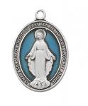 Sterling Miraculous Medal Necklace With blue enamel on 18 Inch rhodium plated brass chain in deluxe gift box.