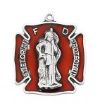 Sterling St Florian badge Medal Necklace With red epoxy on 24in rhodium plated brass chain in gift box.