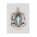 Sterling Miraculous Medal Necklace With blue enamel on 18 Inch rhodium plated brass chain in deluxe gift box.