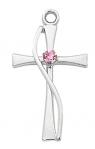 Sterling Silver Cross Necklace With pink glass stone on 18 Inch rhodium plated brass chain and deluxe gift box