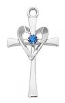 Sterling Silver Cross Necklace With blue glass stone on 18 Inch rhodium plated brass chain and deluxe gift box