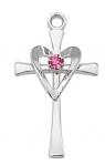 Sterling Silver Cross Necklace With pink glass stone on 18 Inch rhodium plated brass chain and deluxe gift box