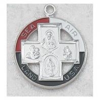 Military Four-way Medal - Sterling Silver - 1 1/16 Inch with 24 Inch Chain