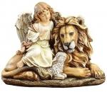 Lion Laying Down With The Lamb & Angel Statue - 14.5 W x 11.5 H - Resin Stone Mix