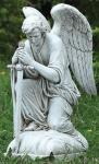 Kneeling Angel With Sword Pointed To Ground Outdoor Garden Statue - 13.25 Inch - Resin Stone Mix