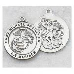 US Marines Medal - Sterling Silver Military Medal with St Michael The Archangel - 7/8 Inch with 24 Inch Chain